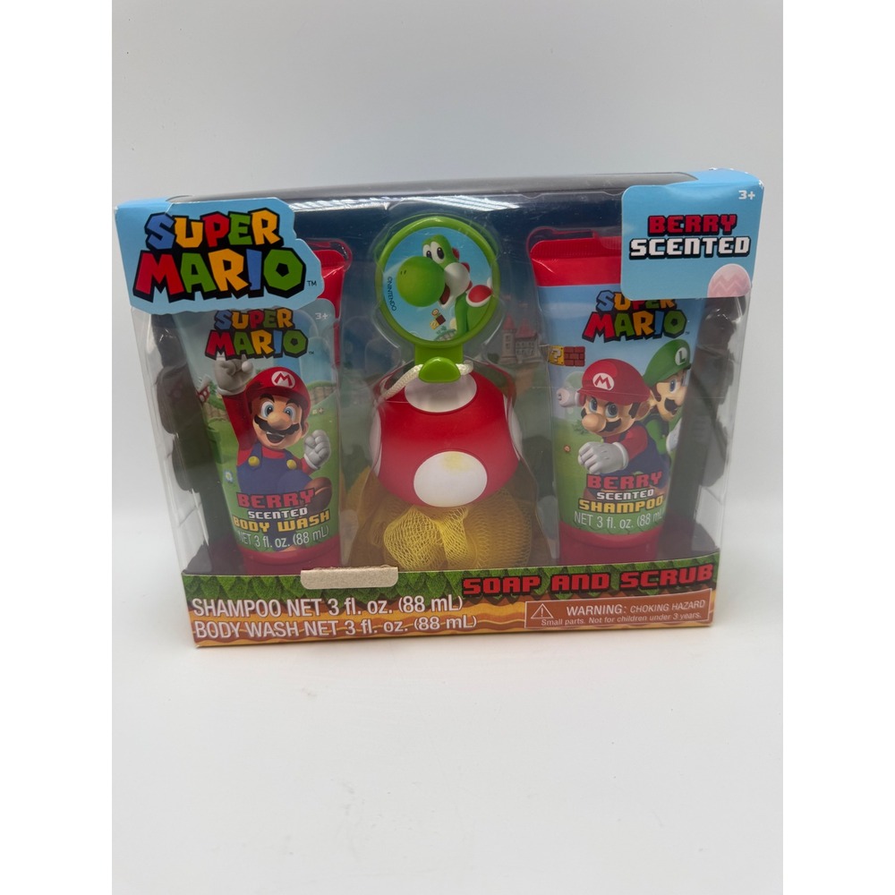 Super Mario Soap and Scrub Bath Set Berry Scented Shampoo Body Wash Yoshi Hook